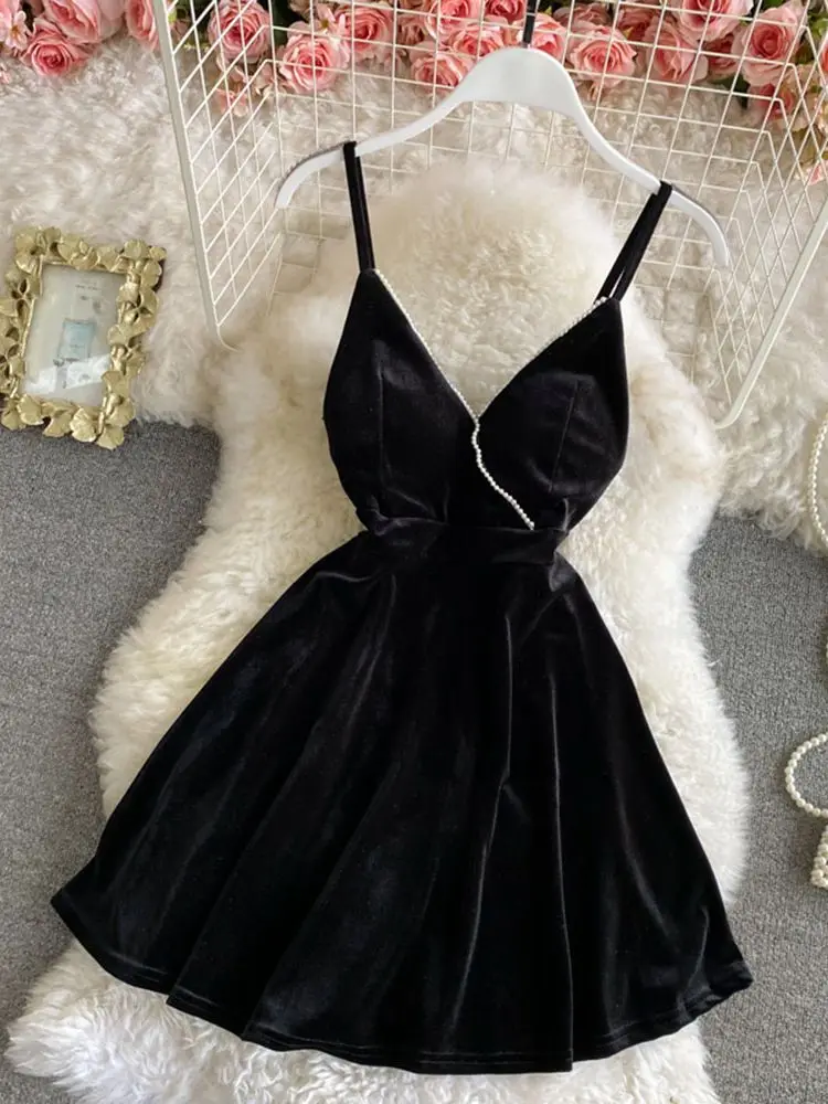 Summer Women Black Dress French Style Vintage Sleeveless Party Gown Fashion Sexy Slim Backless Dresses High Waist A-Line Frock