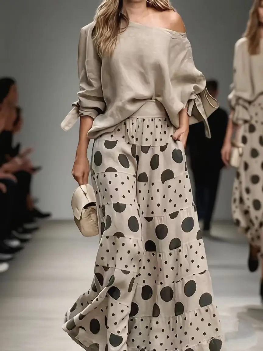 

Fashion High Street Outfits Casual Diagonal Neck Hollow Top with Wide Leg Pants Sets Summer Loose Polka Dot Printed Women Suit