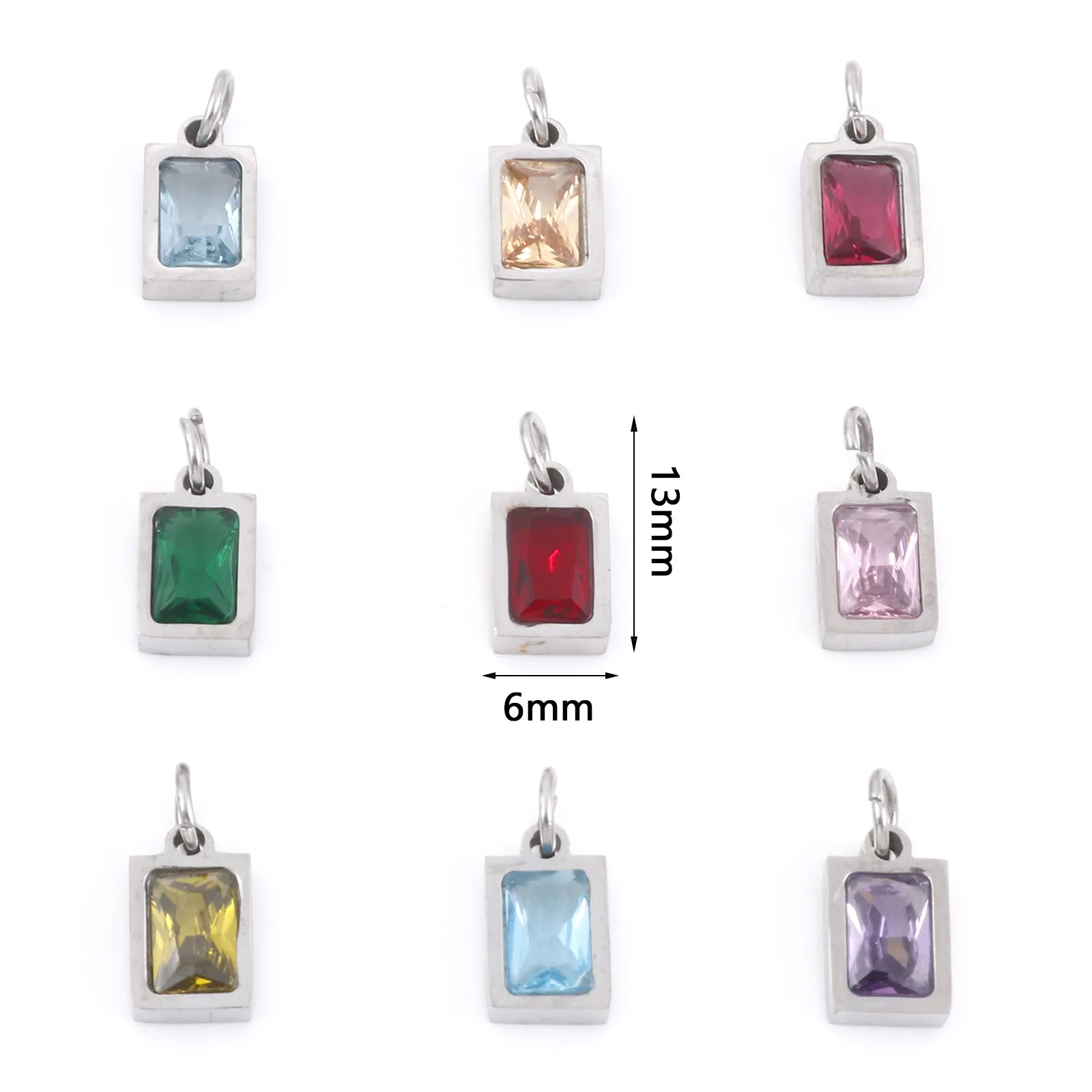 1PC 13x6mm Rectangle Colorful Glass Zircon Charms For Jewelry Making 304 Stainless Steel Pendants Diy Necklace Earrings Findings