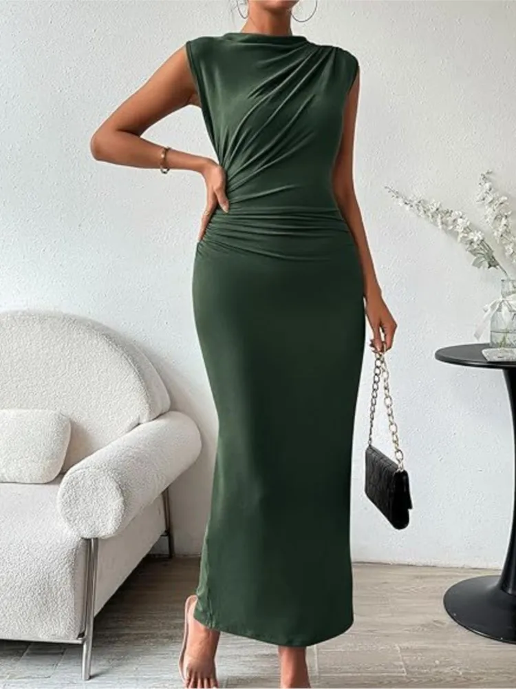 

Women's Sexy Slim Solid Long Dresses Sleeveless O-neck Bodycon Split Midi Dress Female Summer Elegant Office Lady Work Vestidos
