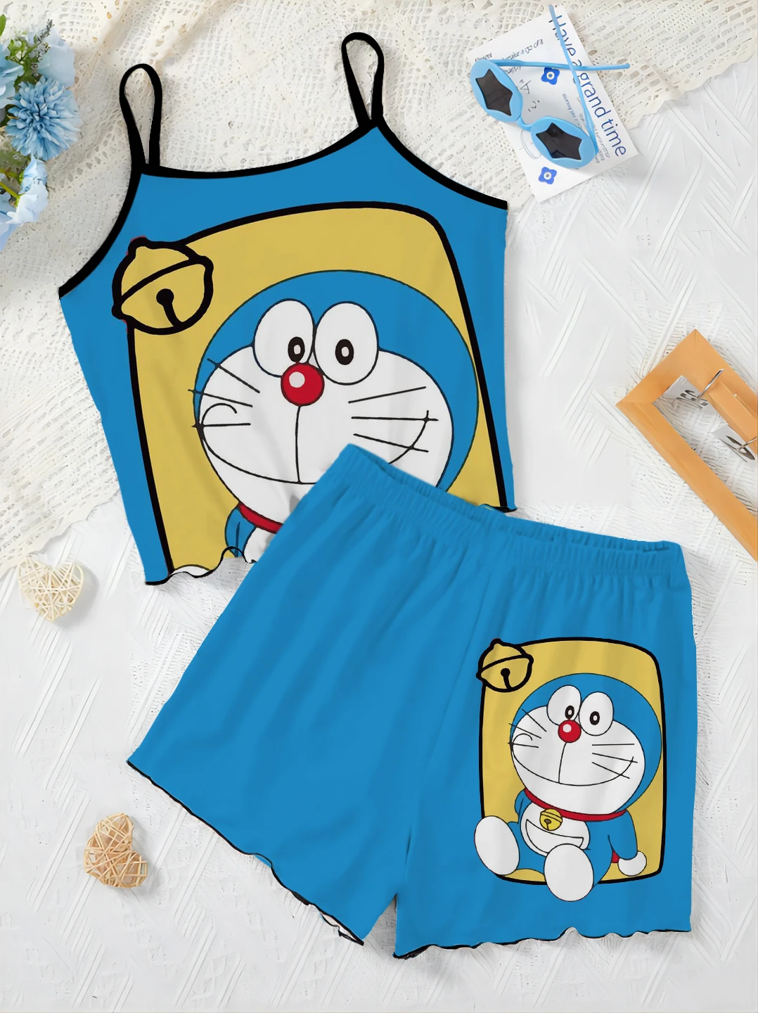 Elegant Women's Sets Slip Dress Lettuce Trim Top Pajama Skirt Vacation Outfits Woman 2024 T-shirt Doraemon Pieces Short Suit Top