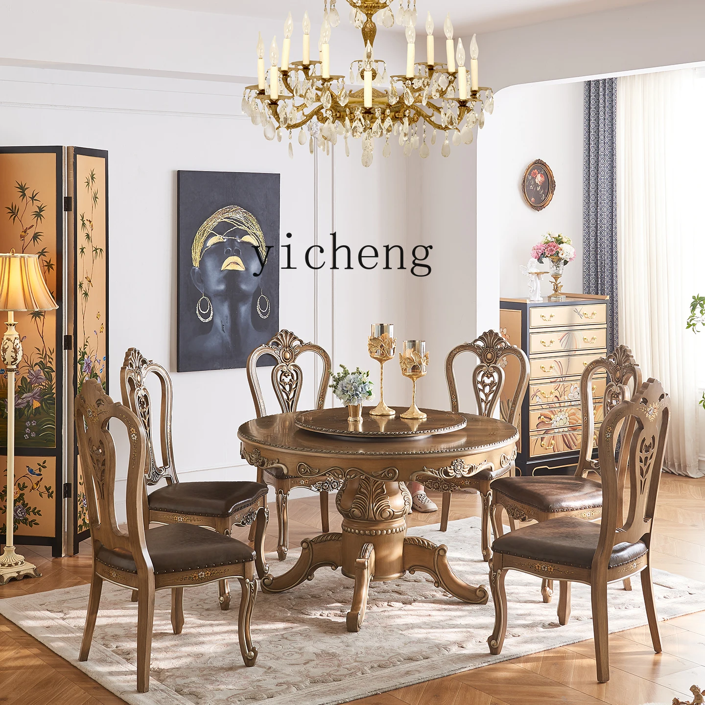 

LX Retro Large Rose Solid Wood Round Dining Table and Chairs