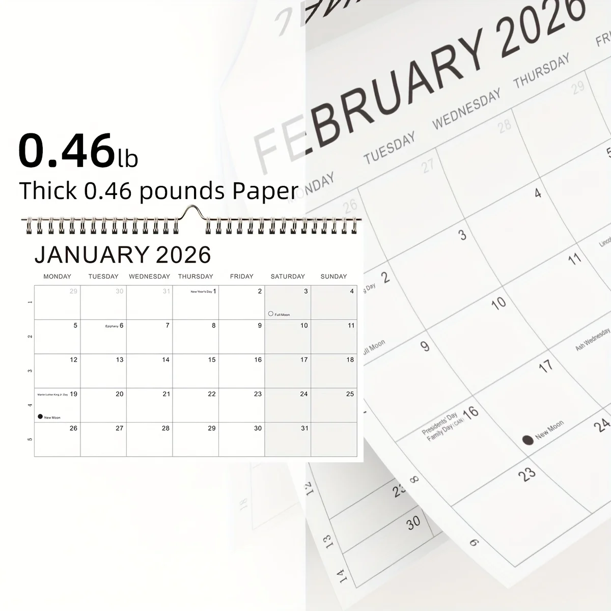 قطعة واحدة من تقويم المخطط الأسبوعي 2026-2027 - عرض لمدة 52 أسبوعًا مع علامات تبويب شهرية وقمر كامل وعلامات القمر الجديد، تخطيط من الاثنين إلى يوم الأحد