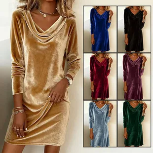 Nieuwe herfst elegante mode effen kleur sexy wrap heup lange mouw temperament woon-werkverkeer slim fit poeder fluwelen damesjurk