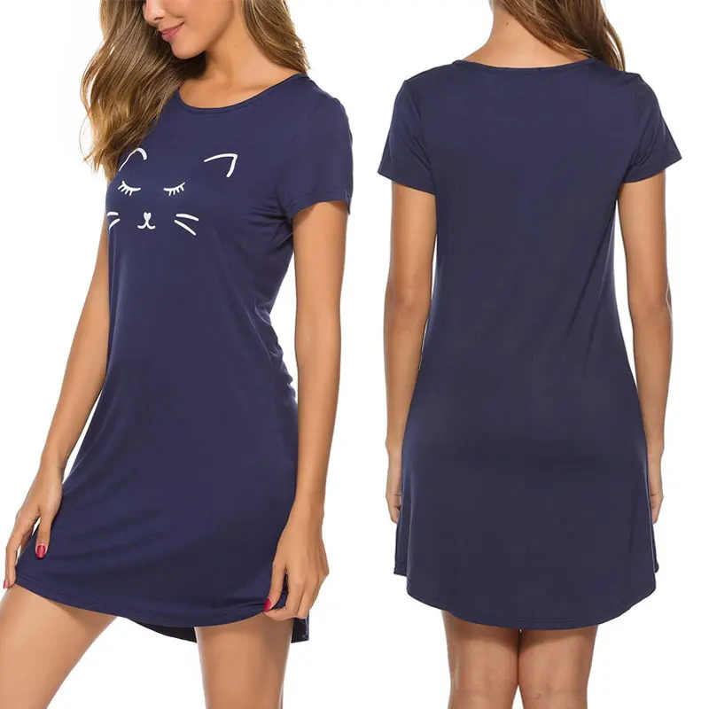 Women's Comfortable Pajama Dress with Sun & Heart Print – Round Neck Sleepwear Loungewear, Summer Nightgown Milk Silk Cat