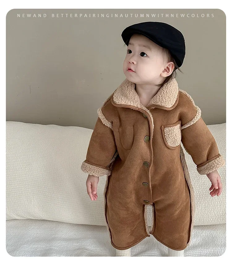 Baby Autumn and Winter Clothes Korean Children Clothing Baby Outdoor Clothes Winter Fur Rompers Boys and Girls Plush Jumpsuit