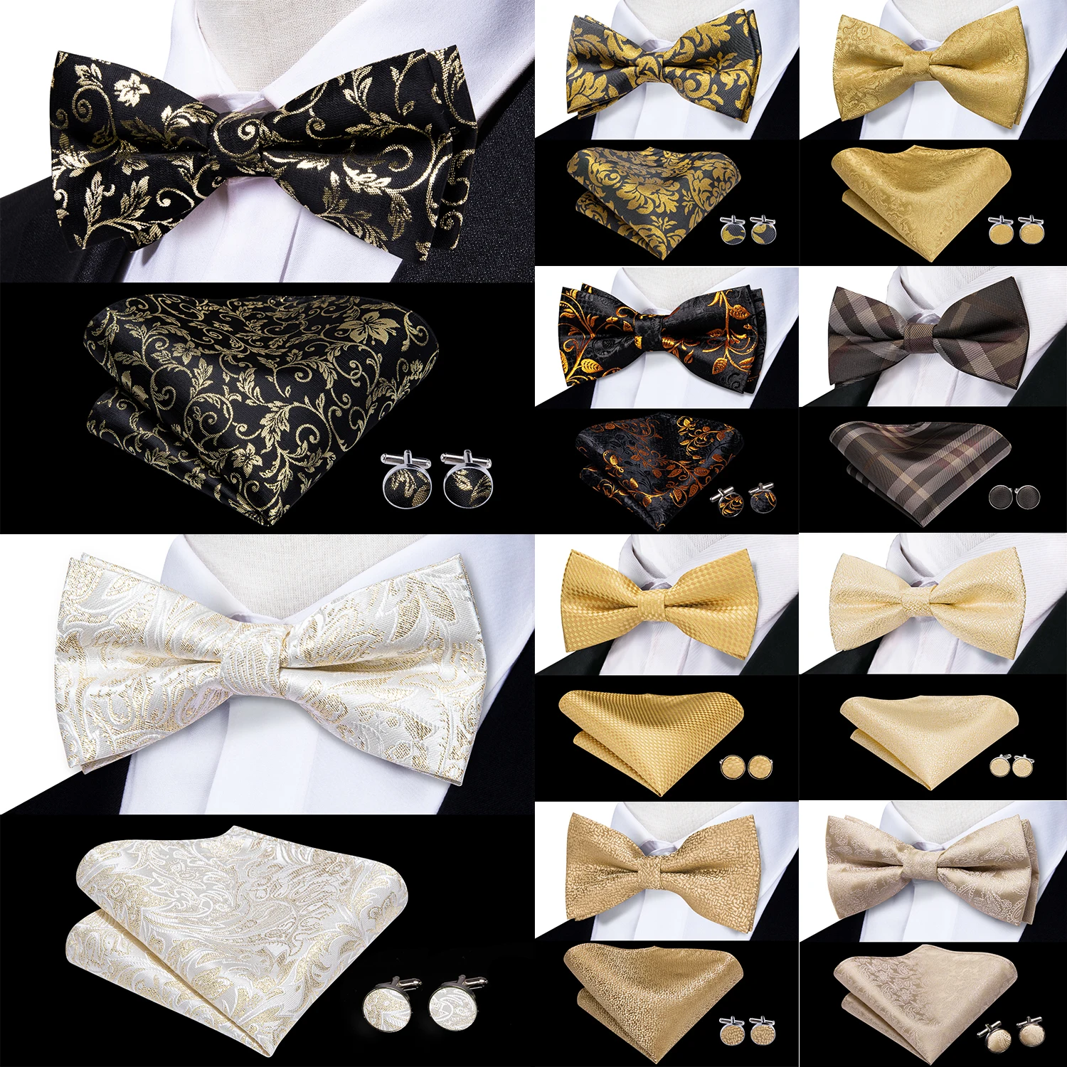 Beige Champagne Gold Silk Mens Bow Tie Hanky Cufflinks Set Jacquard Floral Pre Tied Butterfly Bowtie for Male Wedding Business