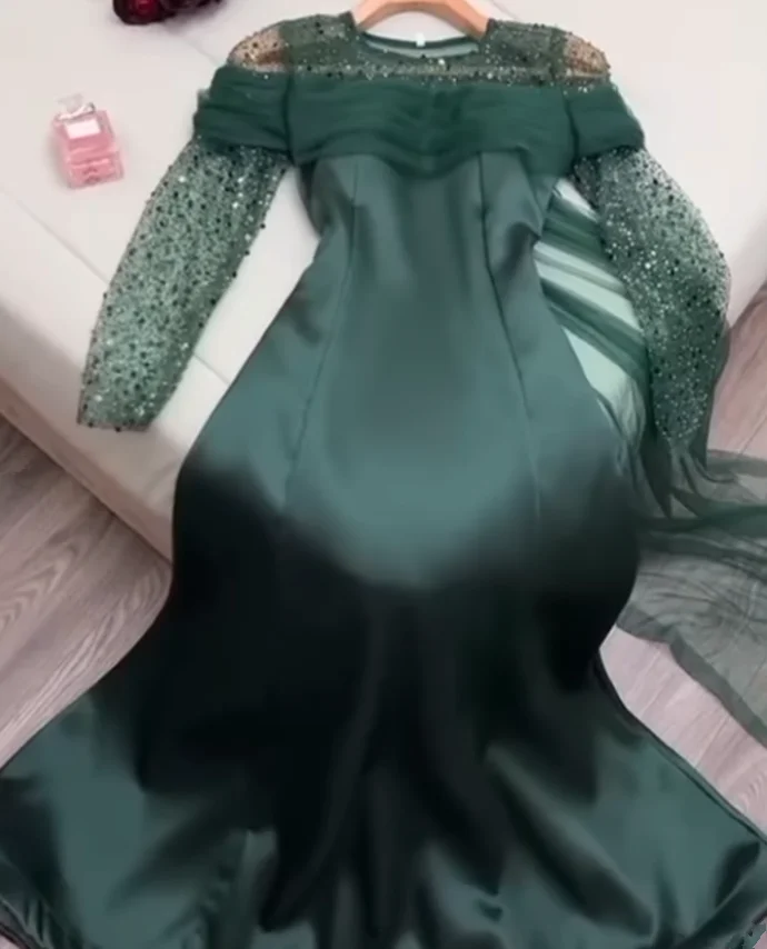 Hunter Green Abiti da cerimonia da sera sauditi Gillter Manica lunga A-line Abito da ballo arabo personalizzato Abiti da festa