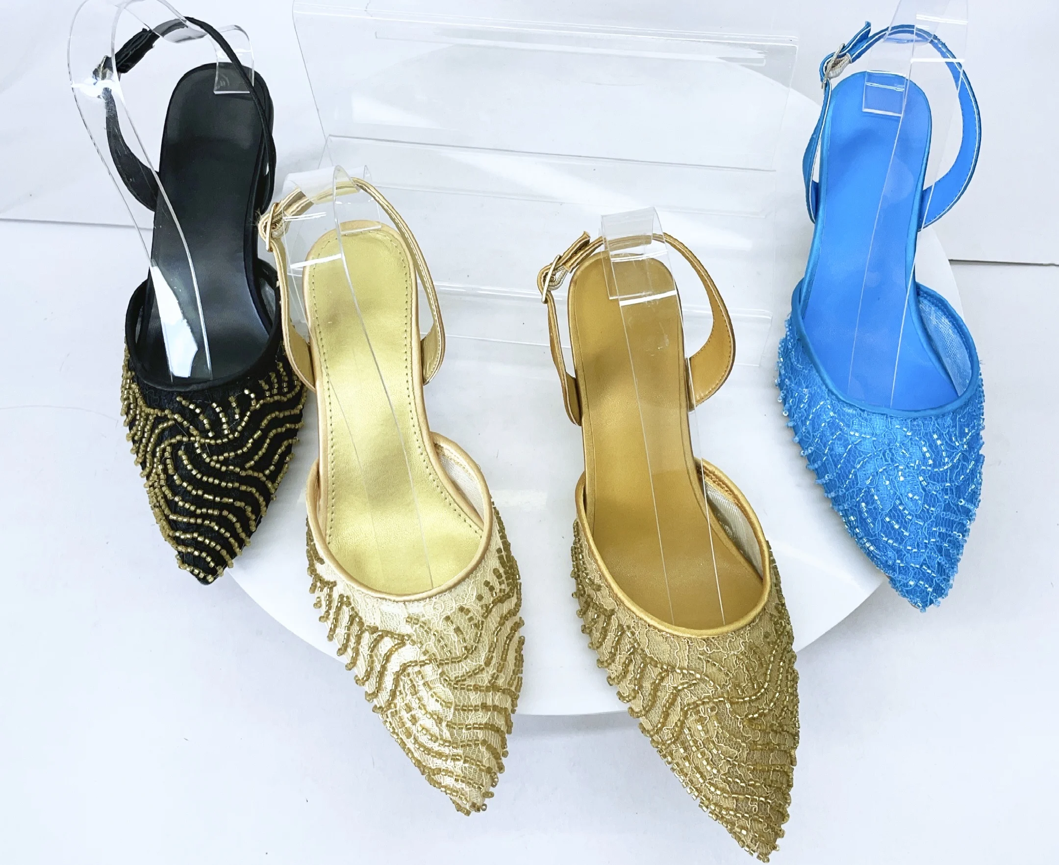 

LNATISNOVA Elegant Mesh Slingback High Heels for Women Pointed Toe Dress Pumps with Beaded Embroidery & Comfortable Heel Wedding