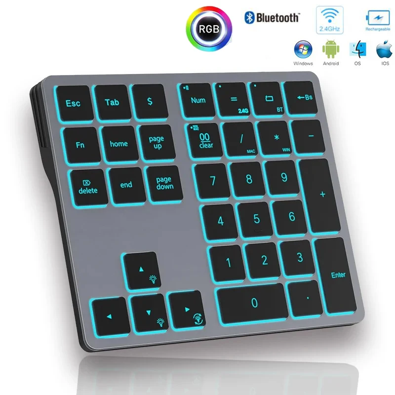 

34 Keys Numeric Keypad Rechargeable Bluetooth Number Keypad RGB Portable Mini Number Pad for Laptops Tablet