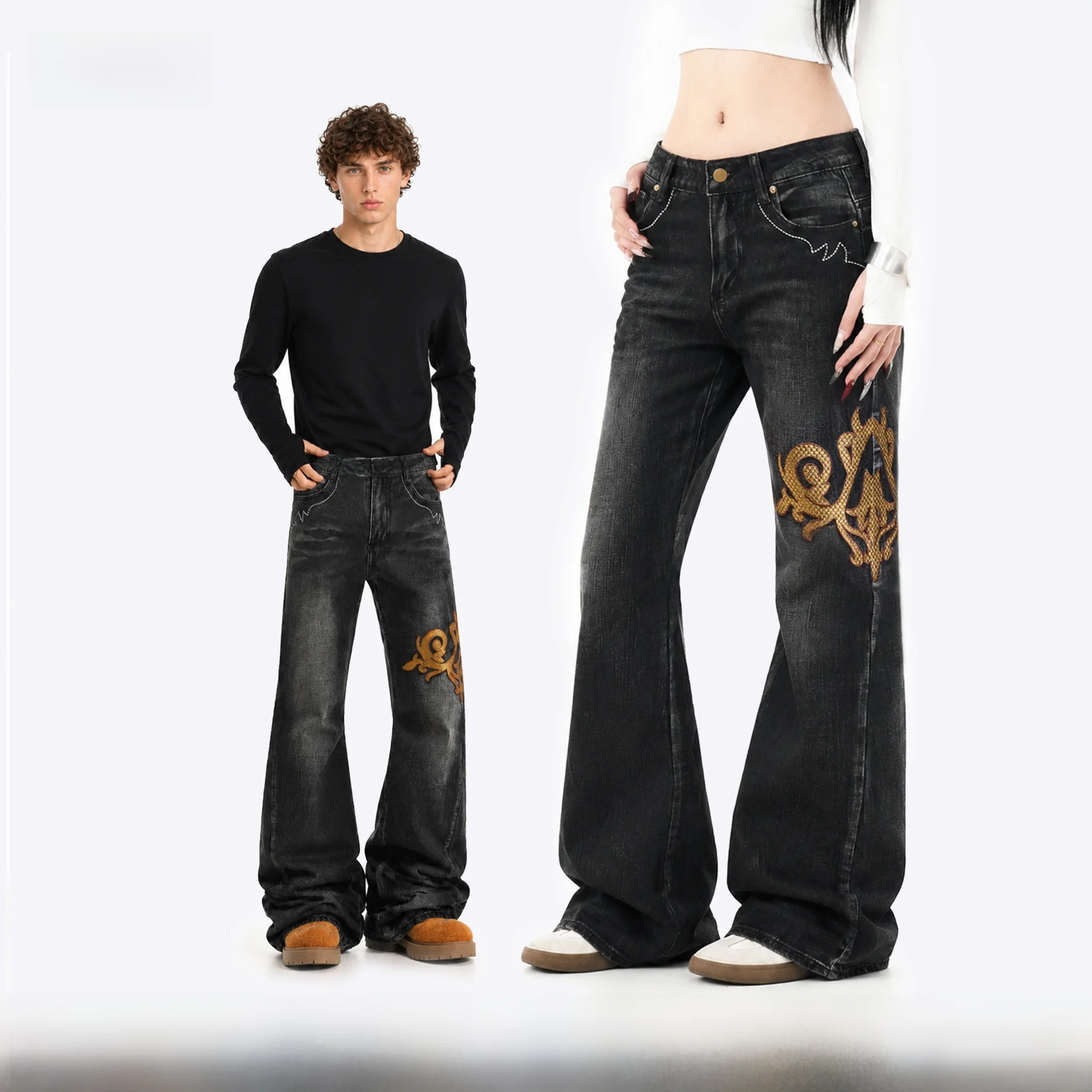 Calça Jeans Unissex Oreeta American High Street Vintage Lavada com Micro Flare e Design de Emenda, Modelo Slim e Comprimento ...