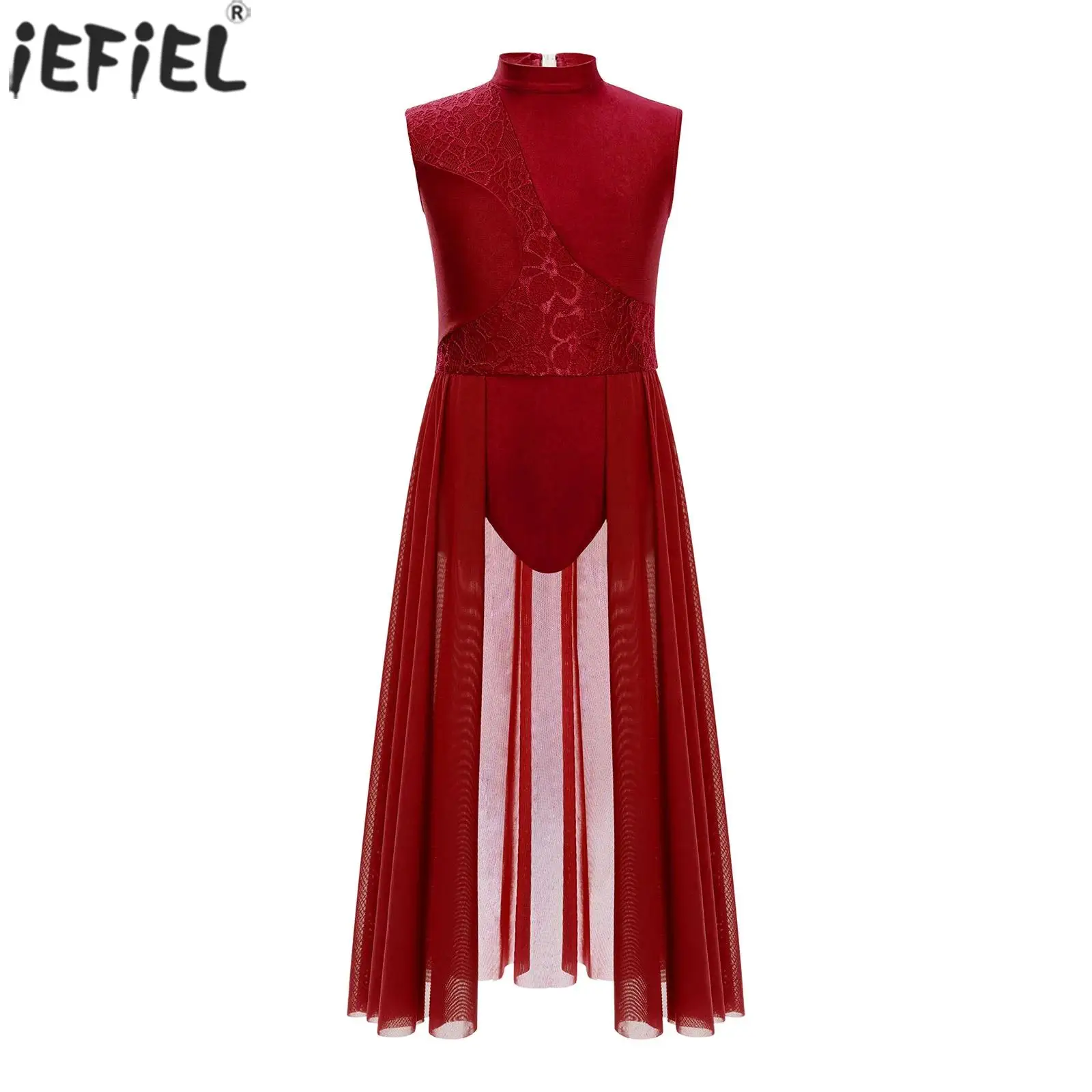 Girls Lyrical Modern Contemporary Dancewear Floral Lace Sleeveless Sheer Mesh Leotard Ballet Dance Skating Gymnastics Costume