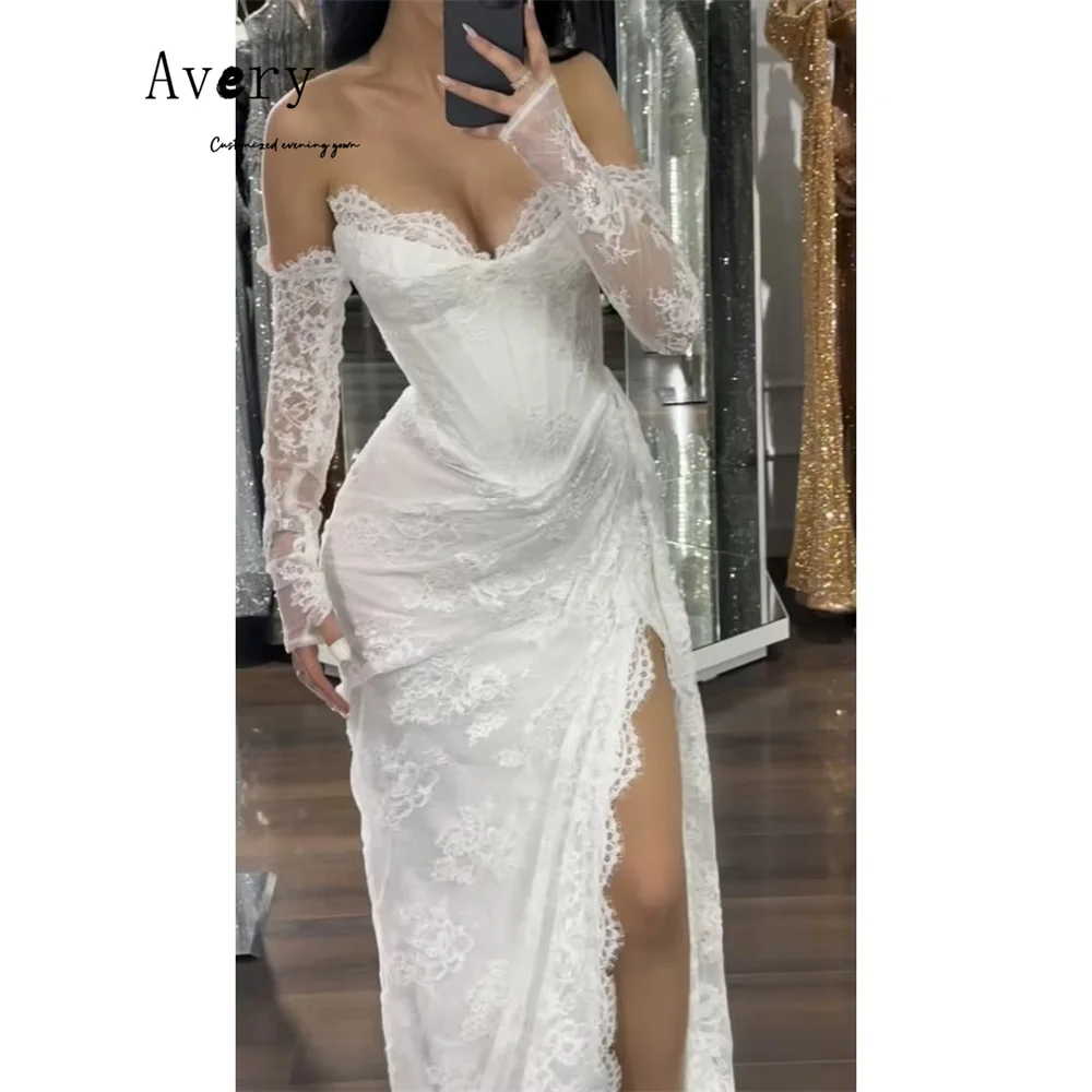 

Avery Custom White Lace Embroidery Side Slits Elegant Evening Dresses for Woman Luxury Elegant Party Dresses 2026 Gala Dress