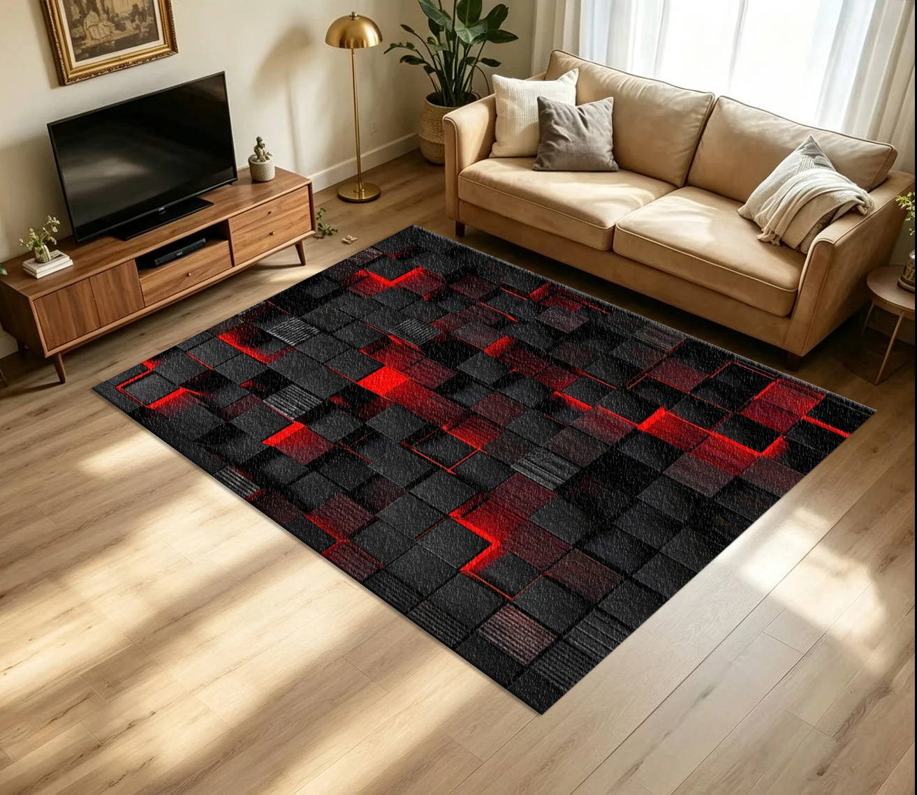 Black Red 3D Cube Geometric Carpet Flooring Industrial Style Large Area Rug for Living Room Household Floor Decor