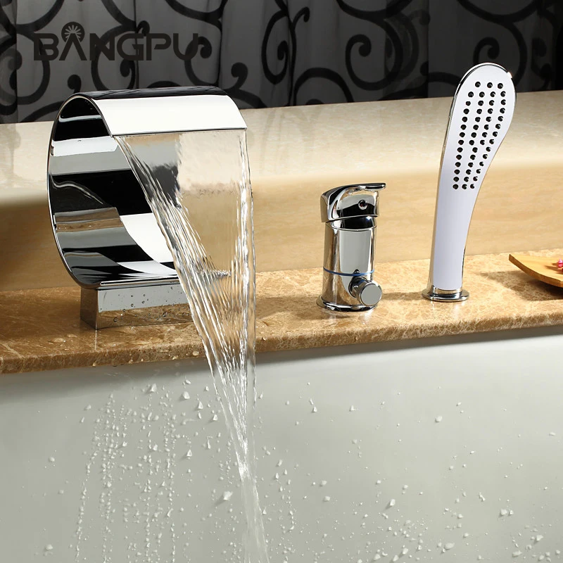 

Bathtoom Bathtub Faucet with Sprayer 3 Hole Roman Tub Faucet Set Deck Mount Waterfall Bathtub Faucet with Handheld Shower Chrome