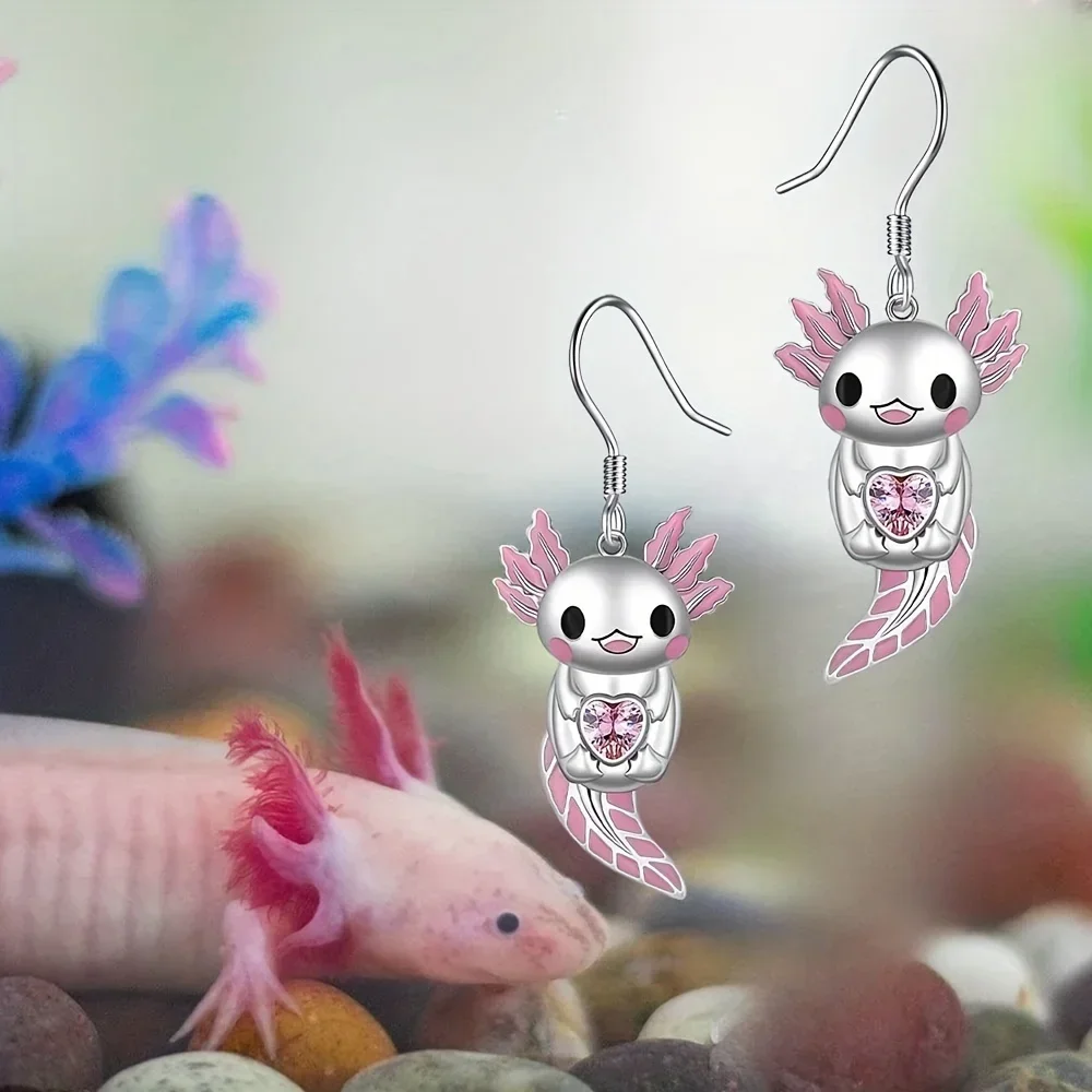 Cute Animal Happy Pink Salamander Embrace Love Pendant Earrings, Birthday Gift Anniversary Party Gifts, Jewelry, Niche Style Lux