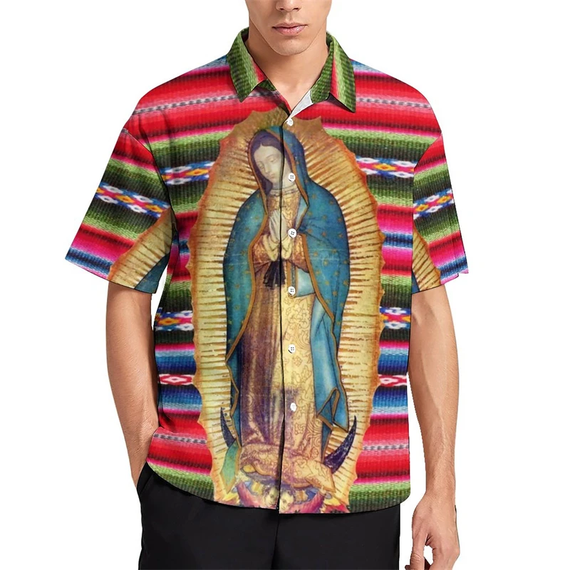 

Fashion Virgin Mary Graphic Hawaiian Shirts For Men Summer Trendy Short Sleeve 3D Printed Lapel Shirt Casual Oversized Blouses