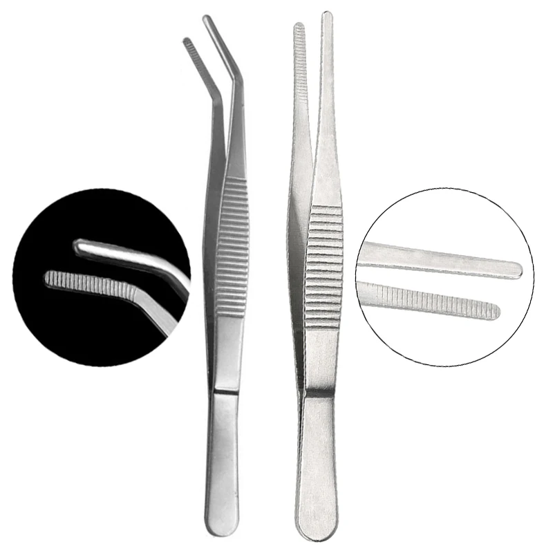 Thickened 12.5Cm-20Cm Straight Elbow A Set of 5 Stainless Steel Tweezers Precision Cr Anti-Iodine Long Medical Tweezers Tools