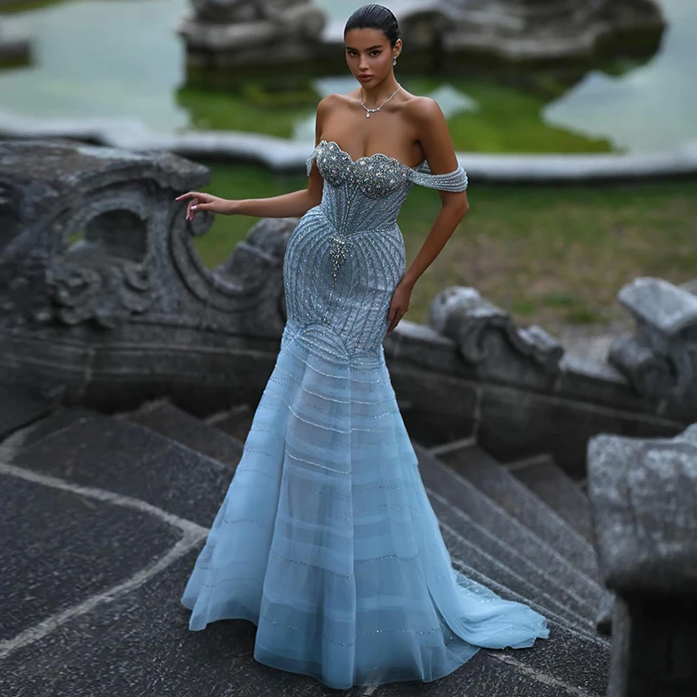 Formal Mermaid Evening Dress Classic Organza Customized Celebrity Gowns Sweep Train Beading Crystal Bespoke Occasion Gown