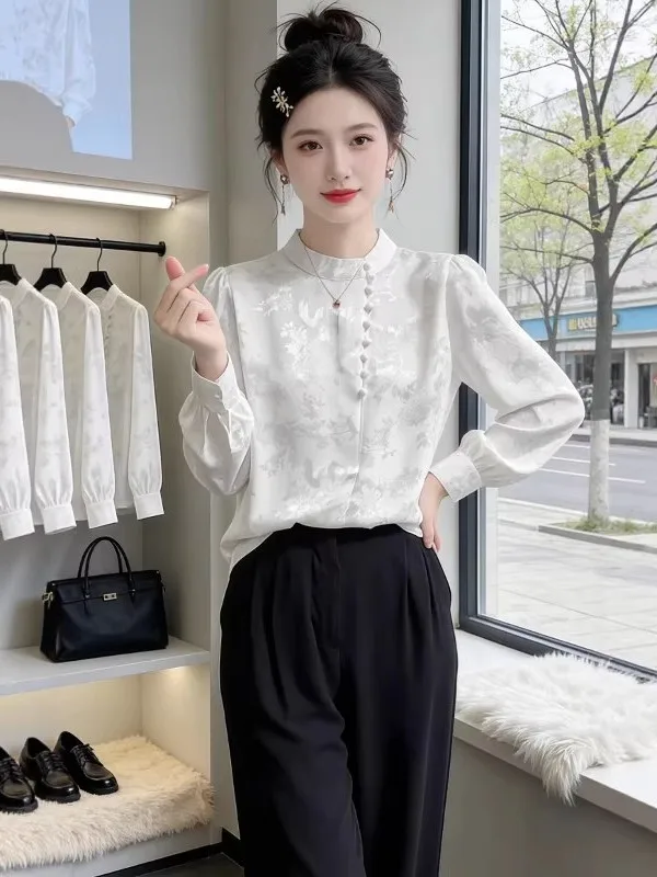 

plus Size Women's New Chinese Style White Embroidered Long Sleeve Shirt Loose Fit Spring 2026 Slimming Top Korean Commute Style