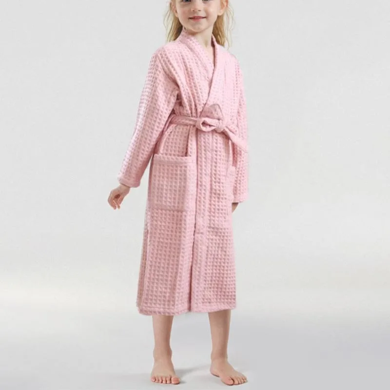 Children's Cotton Bathrobe Absorbent & Quick-Dry Long-Length Swimming Bathing Robe with Hood Waffle Weave Warm