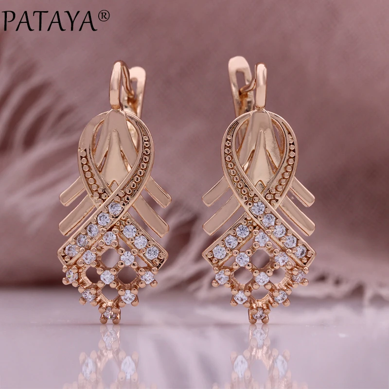 PATAYA Micro Inlaid Zircon 585 Rose Gold Color Romantic Ring Earrings Jewelry set for Women Anniversary Gift Fine Jewelry