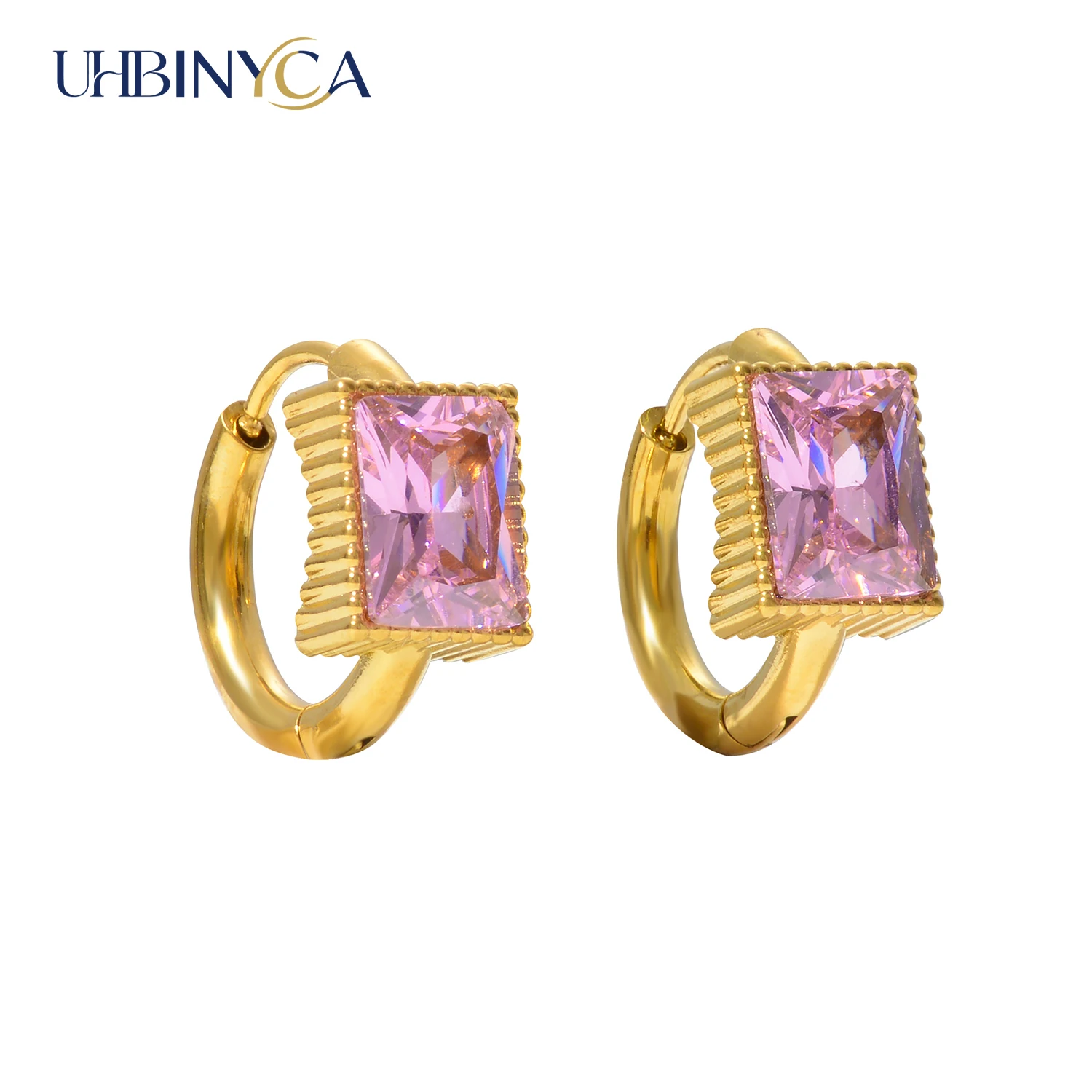 Pendientes de Aro Clásicos con Circonita Rosa Cuadrada, Acero Inoxidable 316, Joyería Elegante e Impermeable, Regalo de Lujo para Mujer