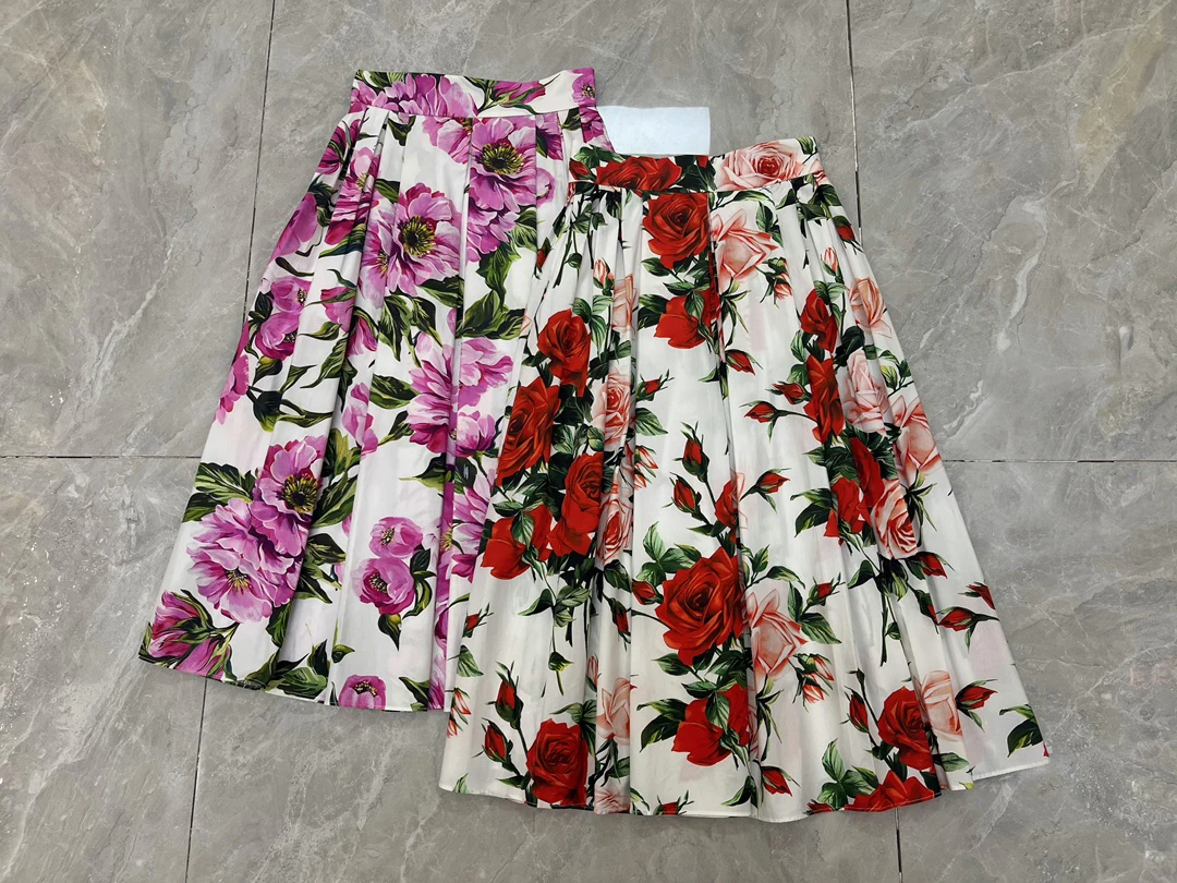 AELESEEN 100% Cotton Sicilian Skirt Women 2025 Spring Summer Fashion Romantic Colorful Rose Peony Printed Pleated Elegant Party