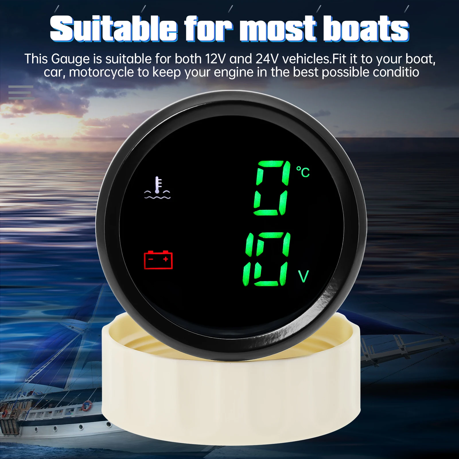 Marine Boat Car Dual 52MM Gauge Green LED 2 IN 1 Digital Water Temperature+Voltmeter with Temp Sensor 10mm Flashing Warning