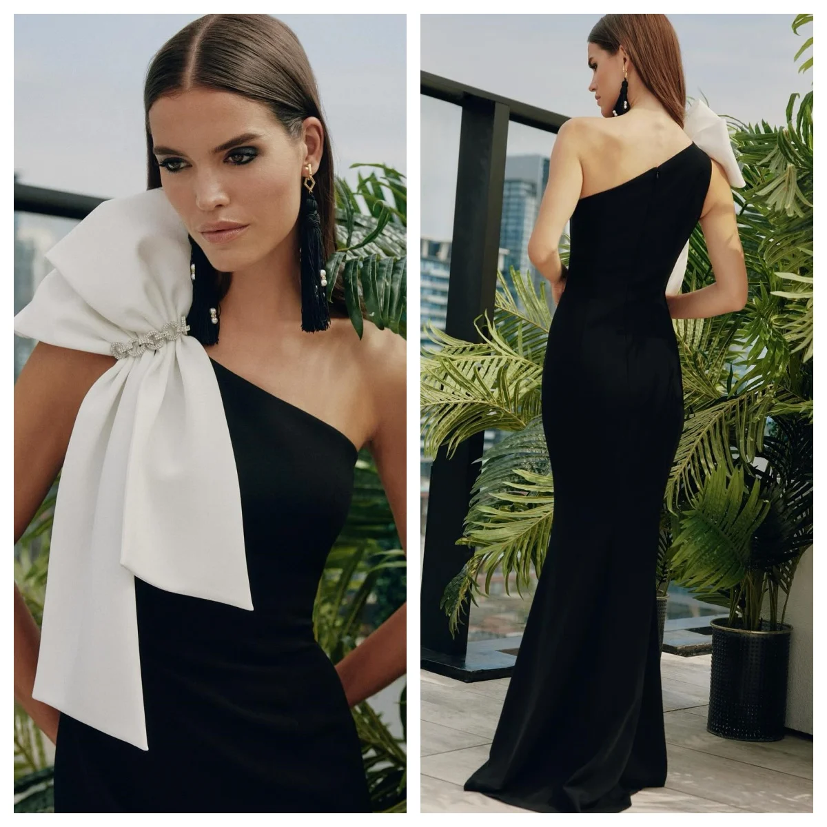 

Customized Evening Dress Jersey One Shoulder Crystal Bow Sleeveless Prom Gowns Classic Mermaid Sweep Train Party Dresses