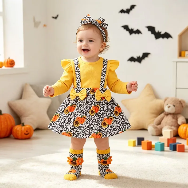 Infant Baby Girls Halloween Romper Outfit Yellow Ruffle Top Leopard Pumpkin Print Suspender Dress With Bows Set 0 24M