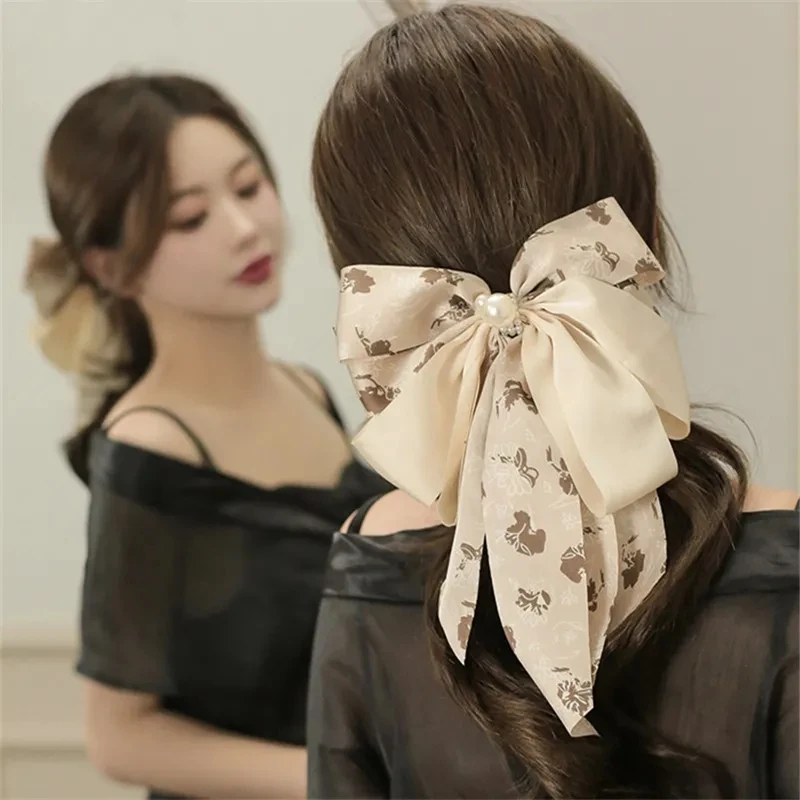 Big Bow Hairpin High Ponytail Flower Fashion Temperament High Sense Headdress Head Clip Long Ribbon Hair Accessories.