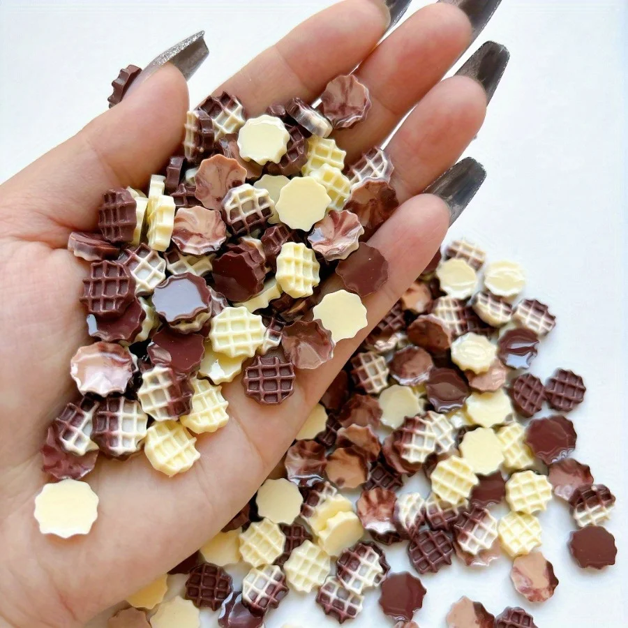 

50pcs Handcrafted Chocolate Waffle Nail Charms - Resin Biscuits for Diy Manicure, Scent-Free Nail Art Decoration Accessories