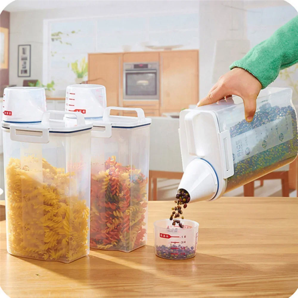 1Pc Sealed Cereal Insect-Proof Rice Bucket with Measuring Cup Transparent Rotary Food Moistureproof Tank Kitchen Storage Box