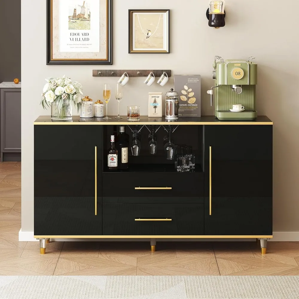 Weinschrank, 55 Zoll Küchen-Sideboard-Schrank mit 2 Schubladen und Weinglashalter, Sideboard-Aufbewahrung mit verstellbaren Regalen