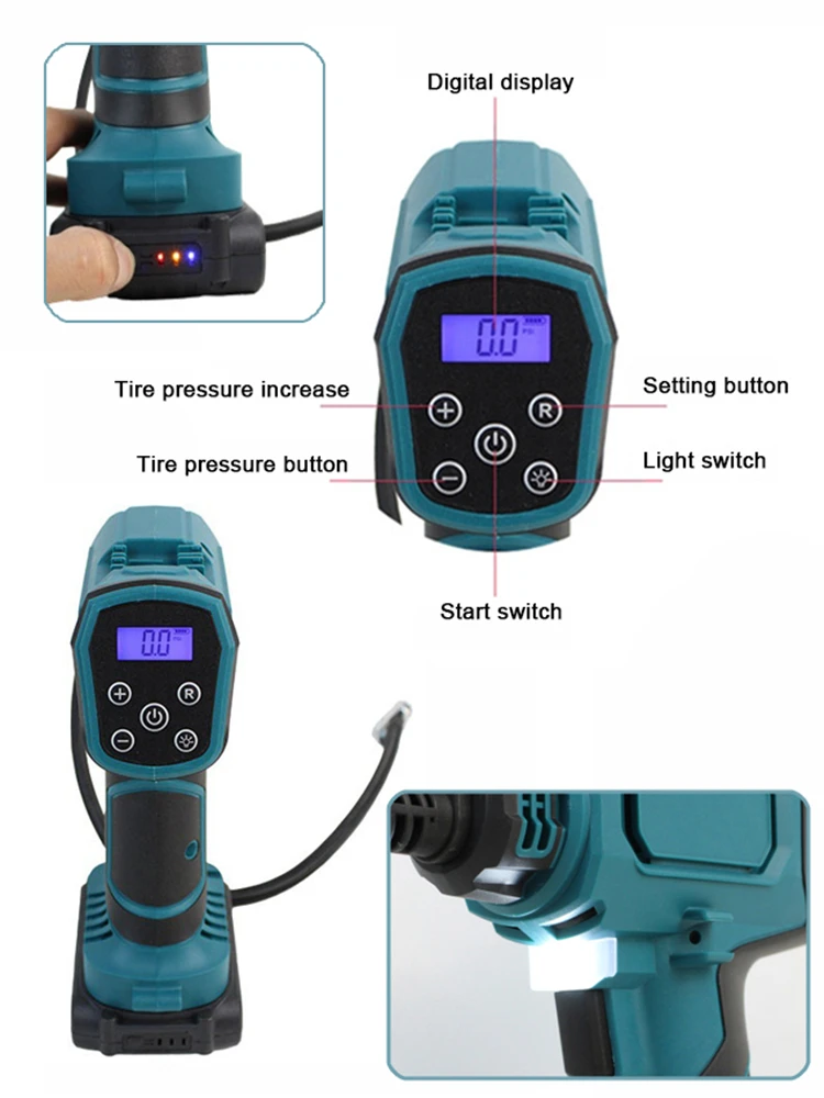 Bomba inflável sem fio com Display Digital, bomba de ar elétrica do carro portátil, Makita 18V bateria, ferramenta pneumática, sem bateria