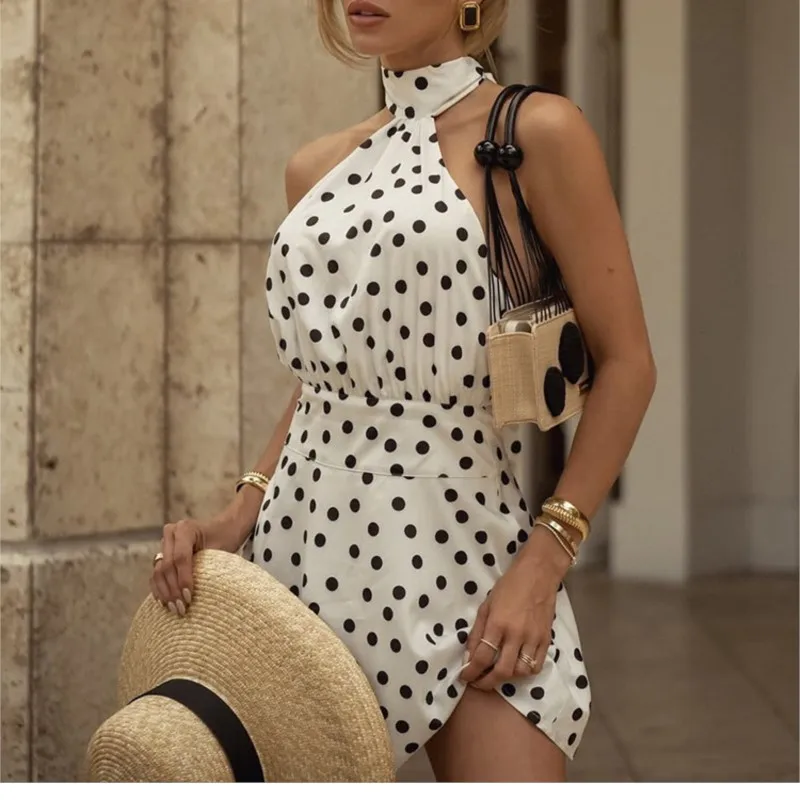 

French Dresses 2025 Woman Elegant Vestidos Mini Dress Commuting Vestido Temperament Halter Neck Polka Dot Backless Leace-up Slim