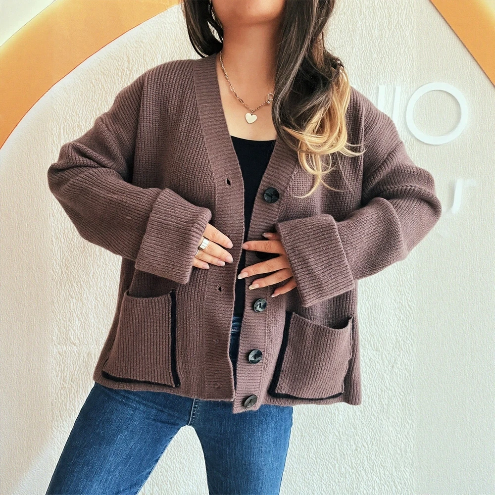 Kardigan Leher Bulat Lengan Panjang Pakaian Musim Gugur Musim Dingin Dekorasi Kancing Longgar Gaya Komuter Pakaian Rajut Wanita dengan Bagian Depan Terbuka