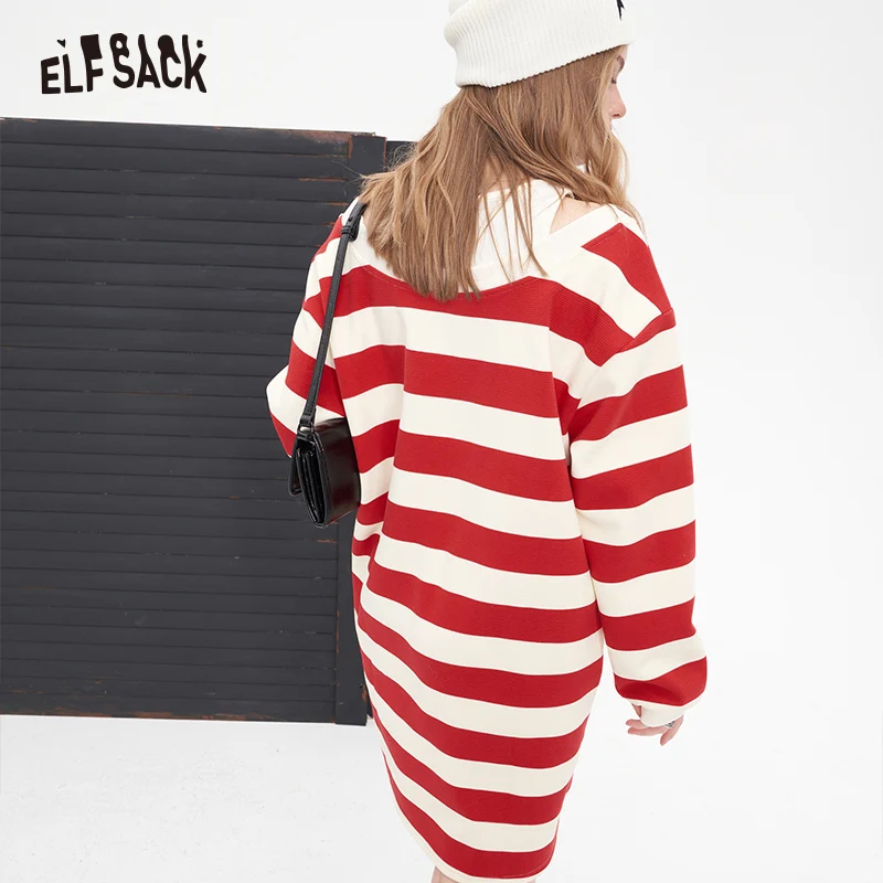 ELFSACK slip stripe off the shoulder knit fabric women's t-shirt dress 2024 spring new mid long length casual style dress crew n