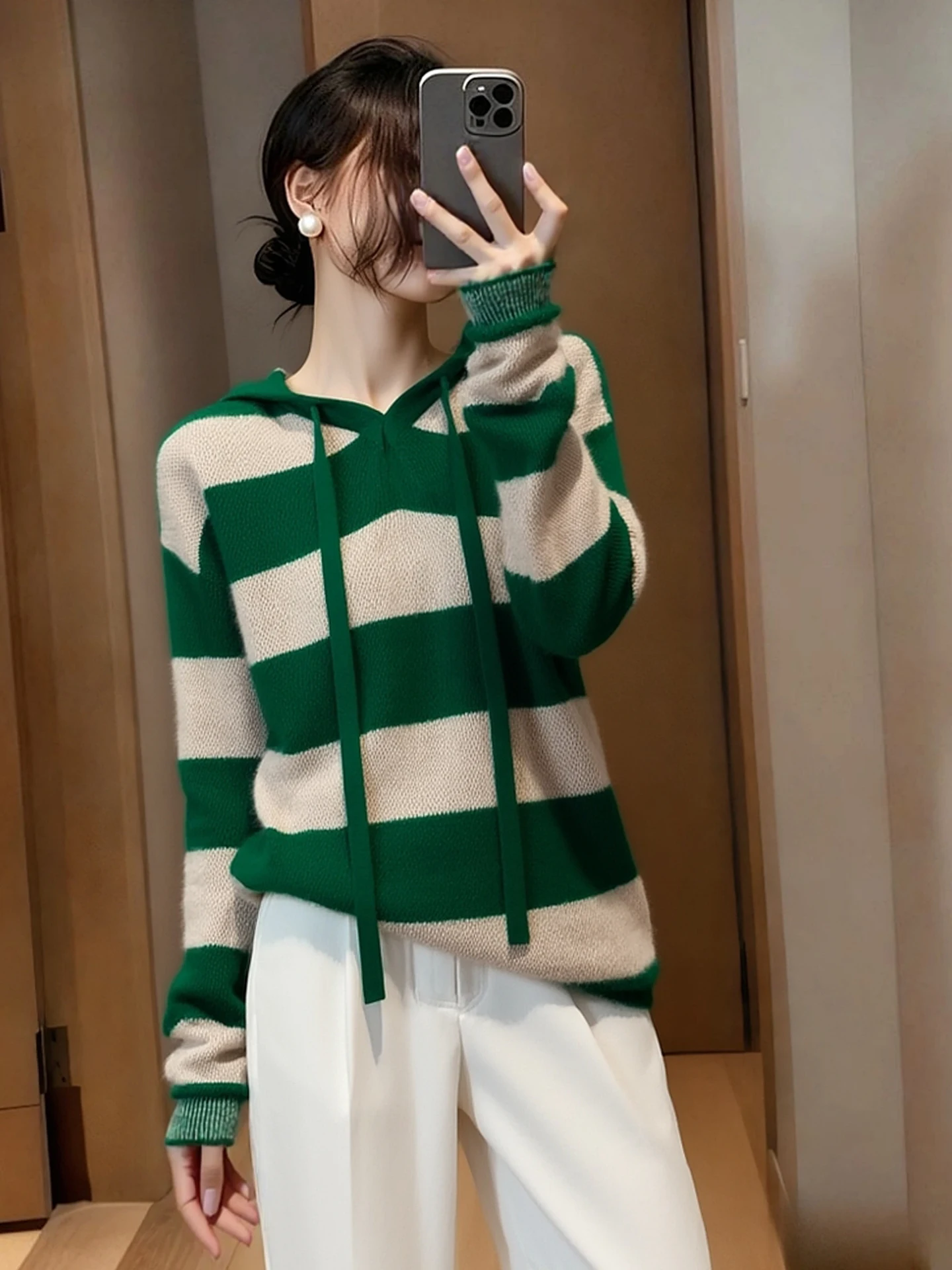 

Корейский винтажный полосатый длинный све с капюшоном для поездок на работу, вязаный женский модный высококачественный базовый утюг, зимнее тепло