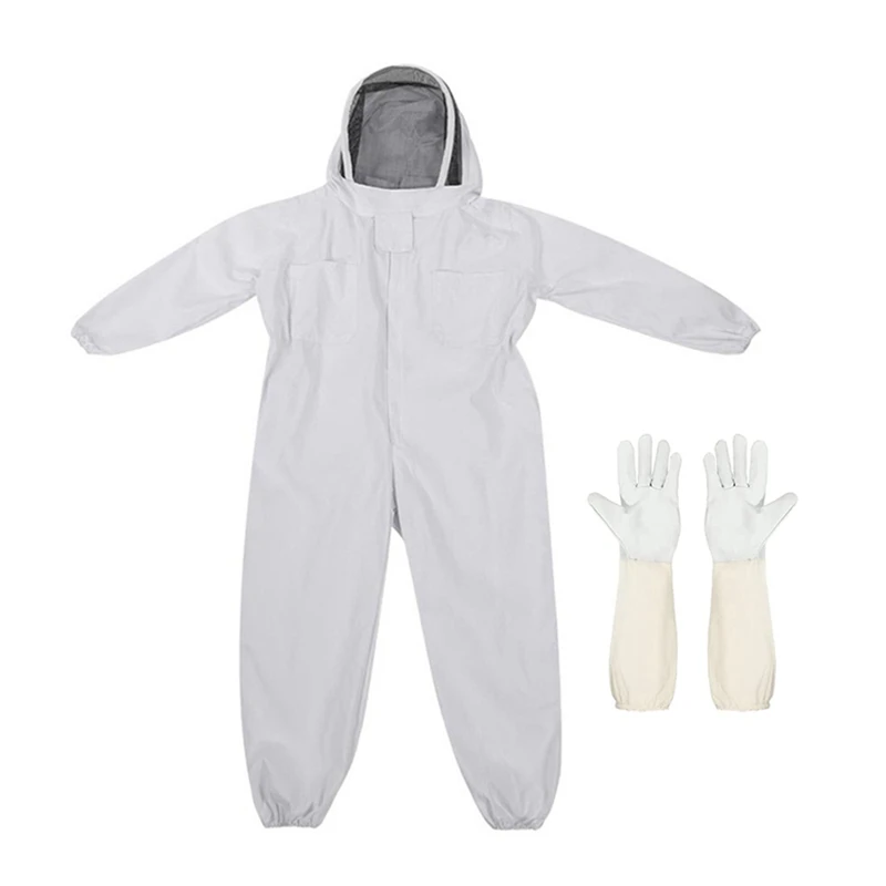 Bee Keeper With Beekeeping Gloves Bee Protective Clothing White ,With Veil Hood,For Professional Beekeepers And Beginners XL