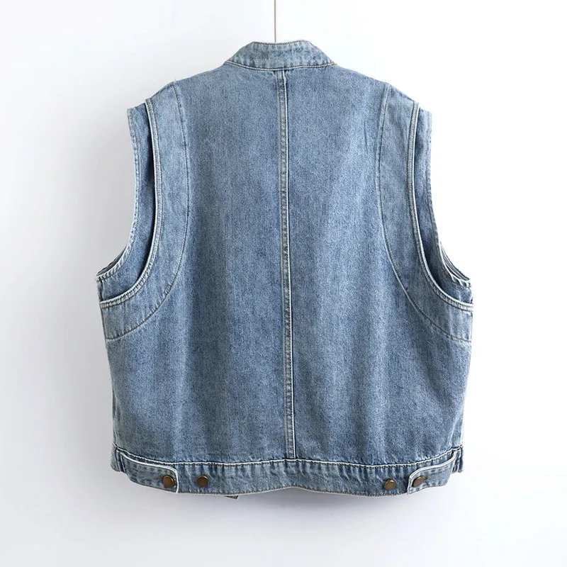 2026 Summer Women Fashion Beaded Sequins Blue Short Denim Vest Casual Loose Big Pocket Stand Collar Sleeveless Cowboy Waistcoat