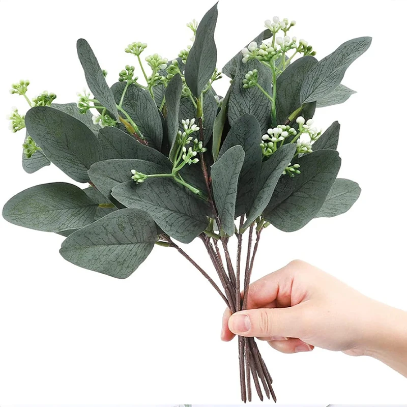 10/15pcs Artificial Flowers Mixed Artificial Oval Eucalyptus Leaves Vase Floral Wreath Bouquets Wedding Greenery Decoration