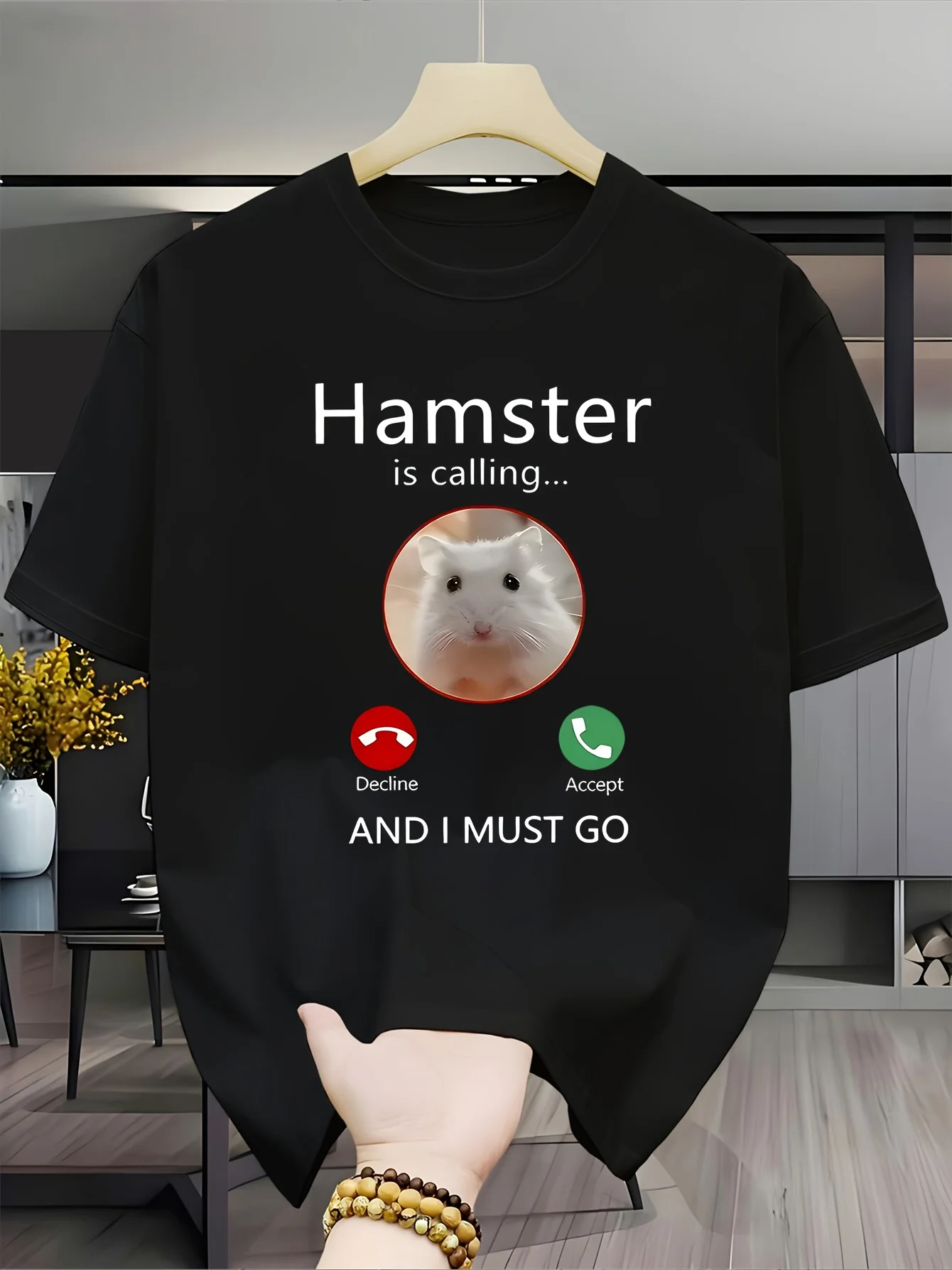 Funny Hamster Is Calling T-Shirt, Sad Hamster Meme Graphic Tee, Humorous Animal Calling Screen Print Summer Top for Women Men