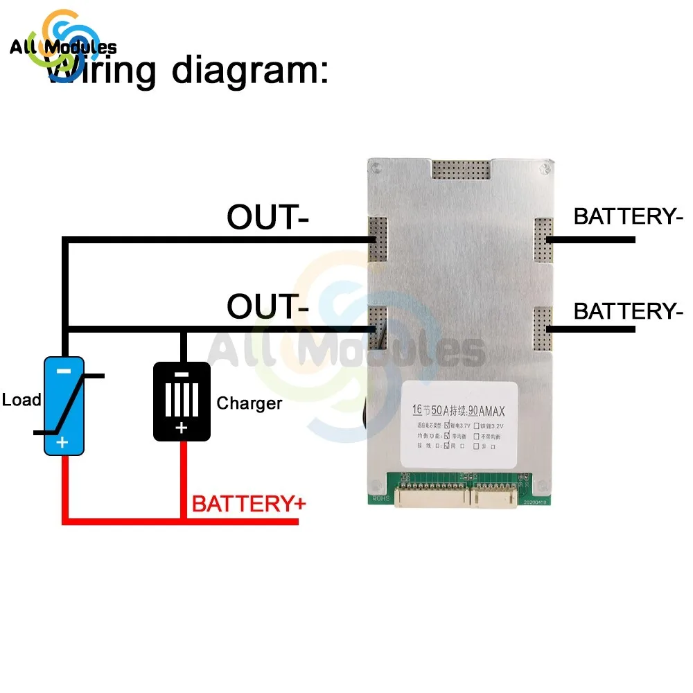 16S 60V 50A Lithium Li-ion LiFePO4 Battery Protection Board BMS PCB Board with Balance Charging Protection