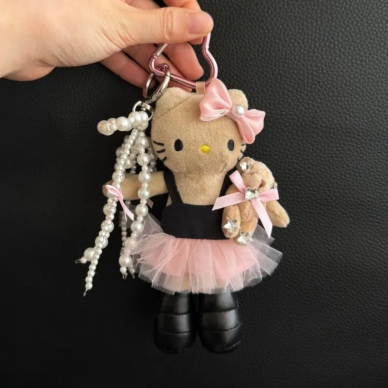 

13CM Anime Cartoon Hello Kitty Black Leather Long Legs Wearing Floral Skirt Series Plush Doll Pendant Kawaii Keychain Gift