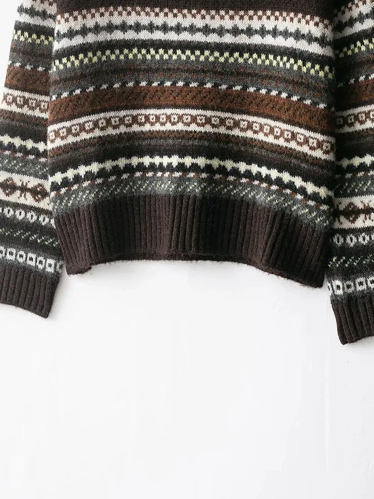 Mulheres outono inverno retro cashmere jacquard o-pescoço camisola de malha elegante senhora todos os jogos manga longa pulôver jumper topos