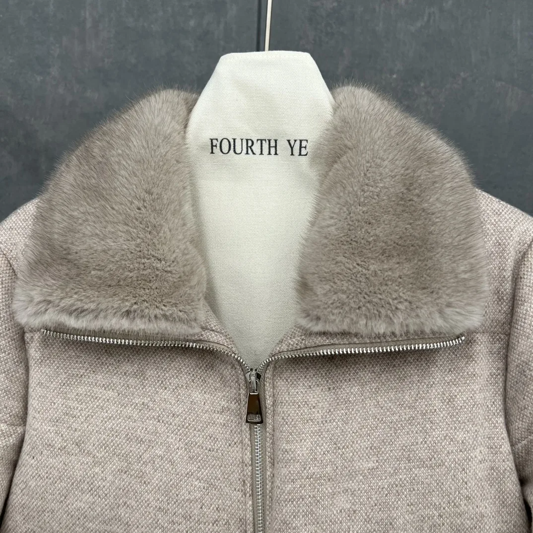 Alta qualidade 2025 inverno nova lã cashmere gola de pele de vison feminino curto engrossado branco ganso para baixo casaco de pele