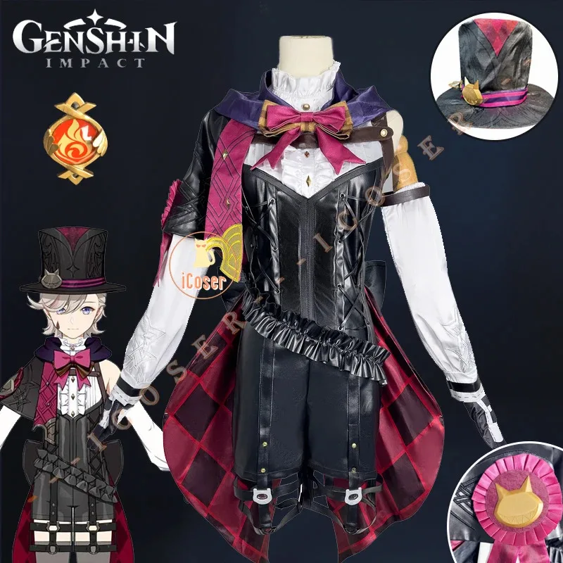 Lyney Cosplay Costume Wig Genshin Impact Uniform Fontaine Magician Hat Stickers 3D Printed Accessories Halloween Party Women Men