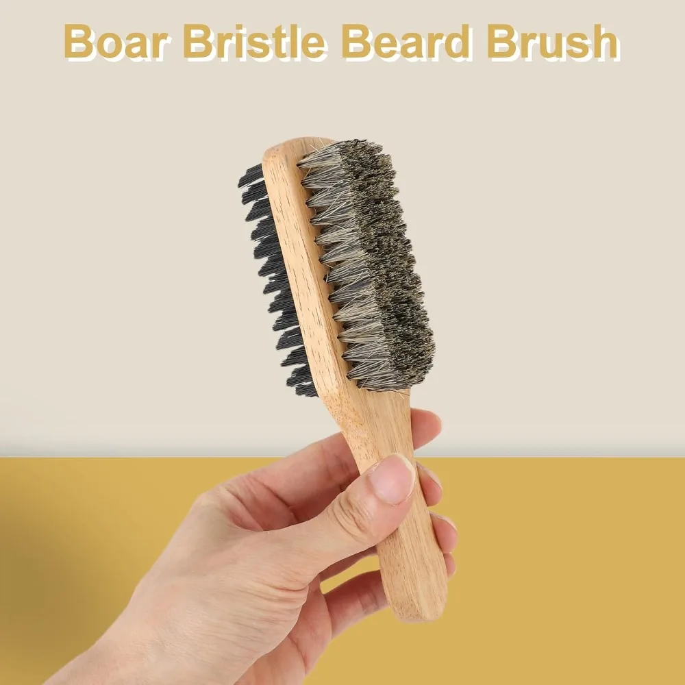 Brown Double Sided Beard Brush Nylon Side Rubber Wood Handle Mustache Brush Ergonomic Handle Detangling Beard Grooming Tool